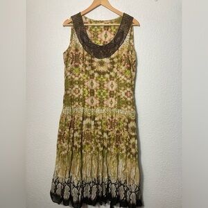 Reba size 12 sleeveless tiered maxi dress fairy boho beaded neck green brown